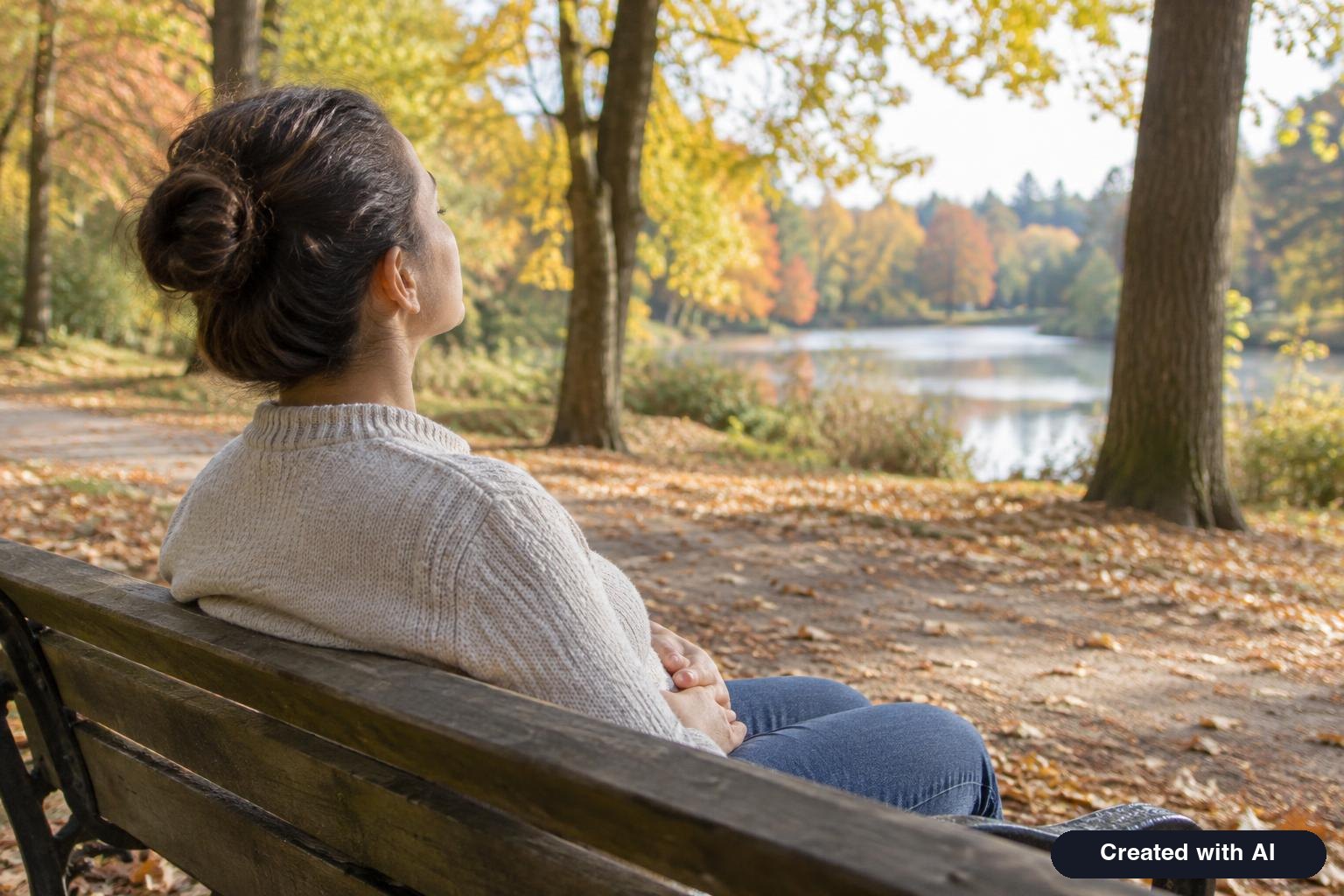 A person sitting on a park bench breathing slowly, seen from behind