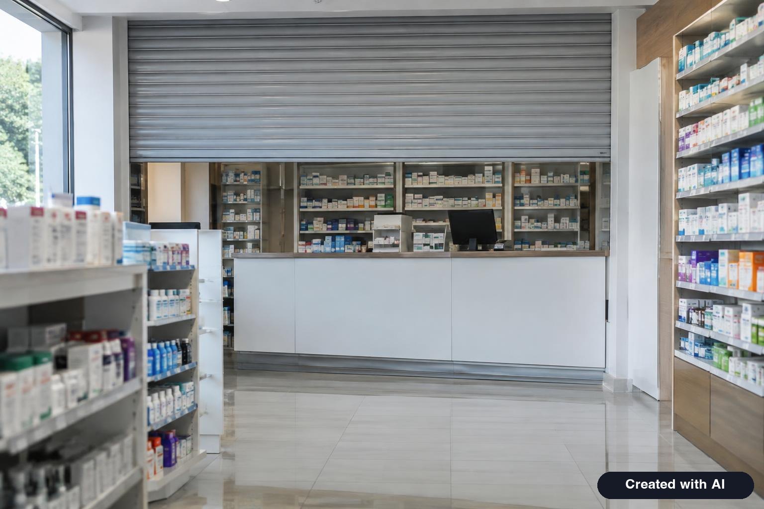 A pharmacy counter at the back of a drugstore with shelves of medicine boxes and a closed roll-down gate half lowered