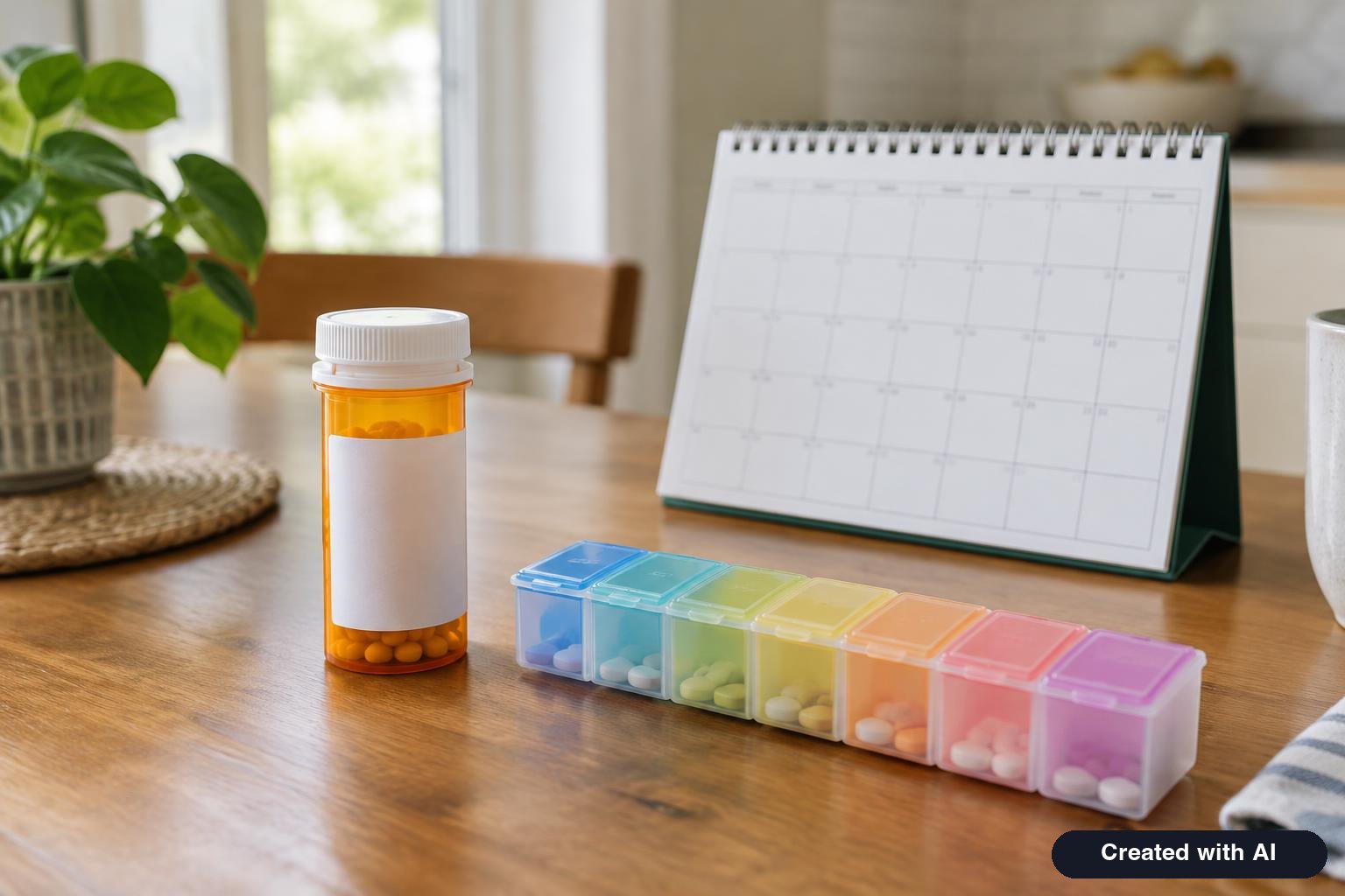 An amber prescription bottle with blank label, a weekly pill organizer and a wall calendar on a kitchen table