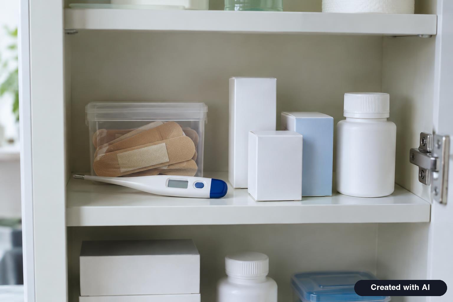 A home medicine cabinet shelf with a digital thermometer, adhesive bandages and plain unlabeled medicine boxes