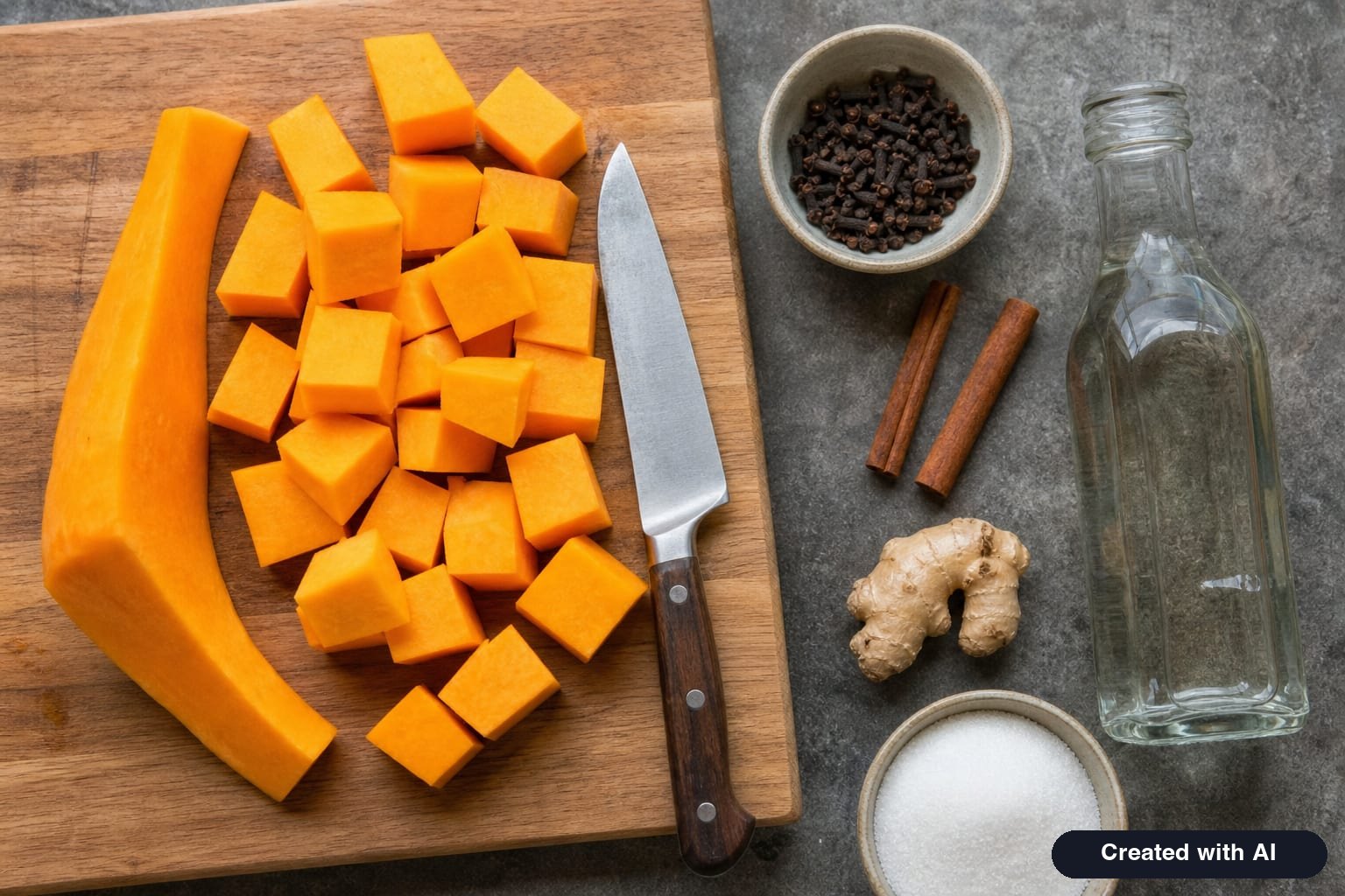 Orange pumpkin cubes on a cutting board next to cloves, cinnamon, and ginger for preparing pickled pumpkin for winter
