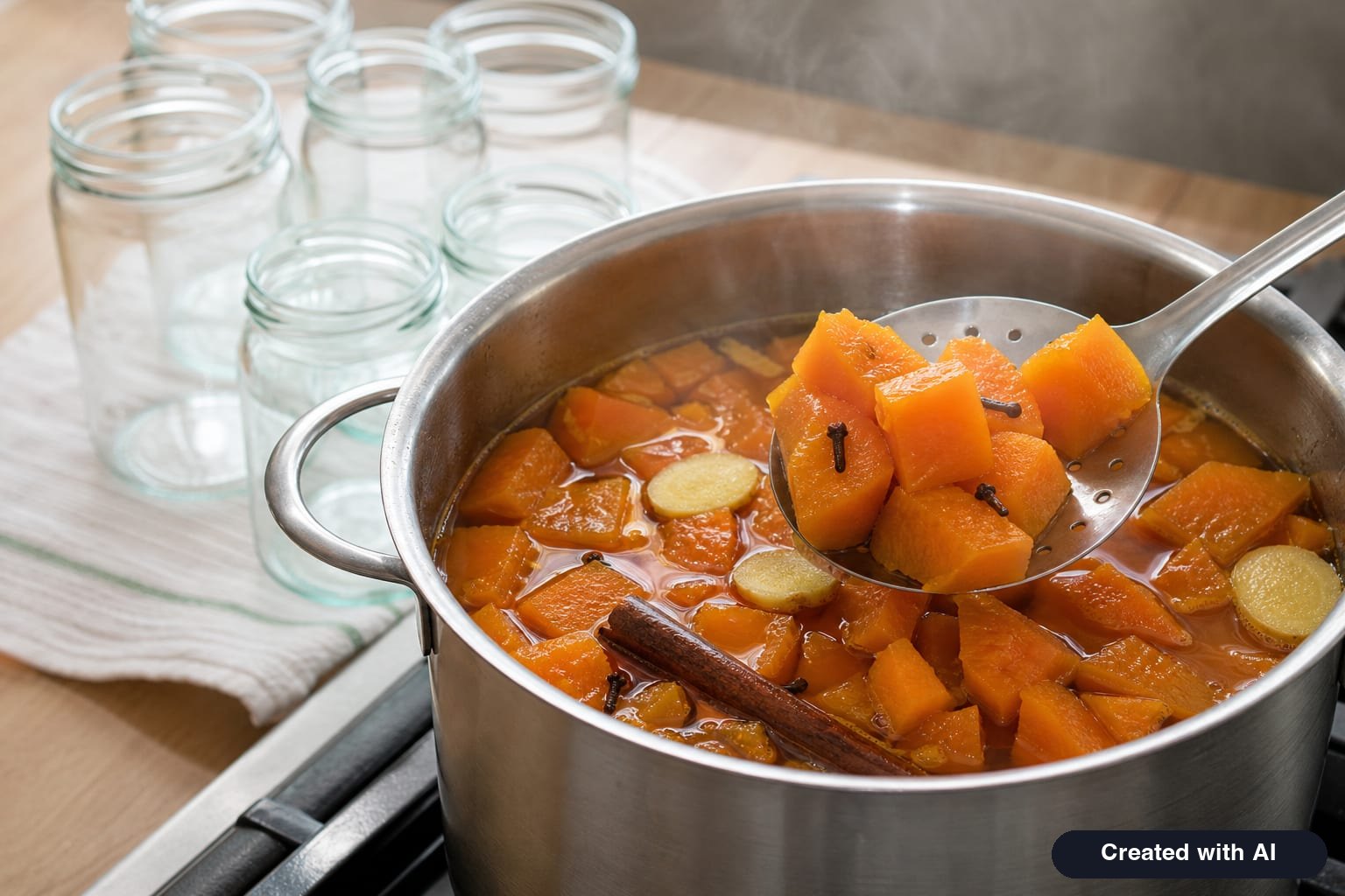 Pumpkin cubes boiling in a sweet and sour marinade with cloves and a cinnamon stick for pickled pumpkin