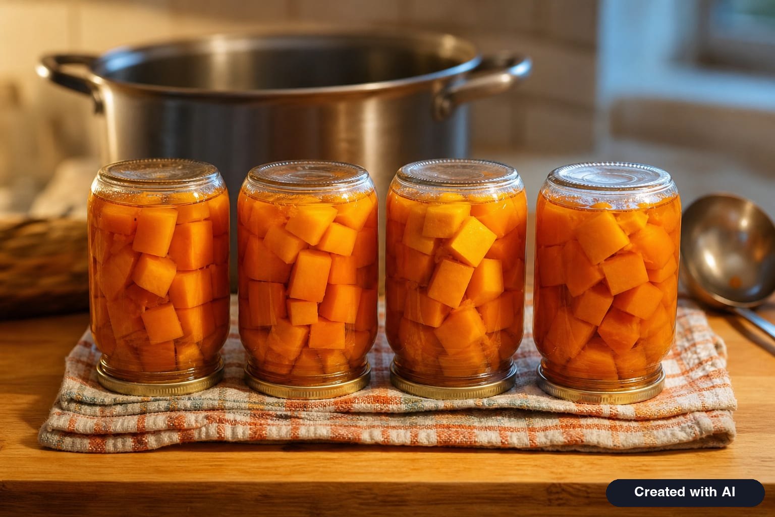 Pickled pumpkin for winter: four half-liter jars with orange cubes in a clear marinade, cooling upside down on a towel