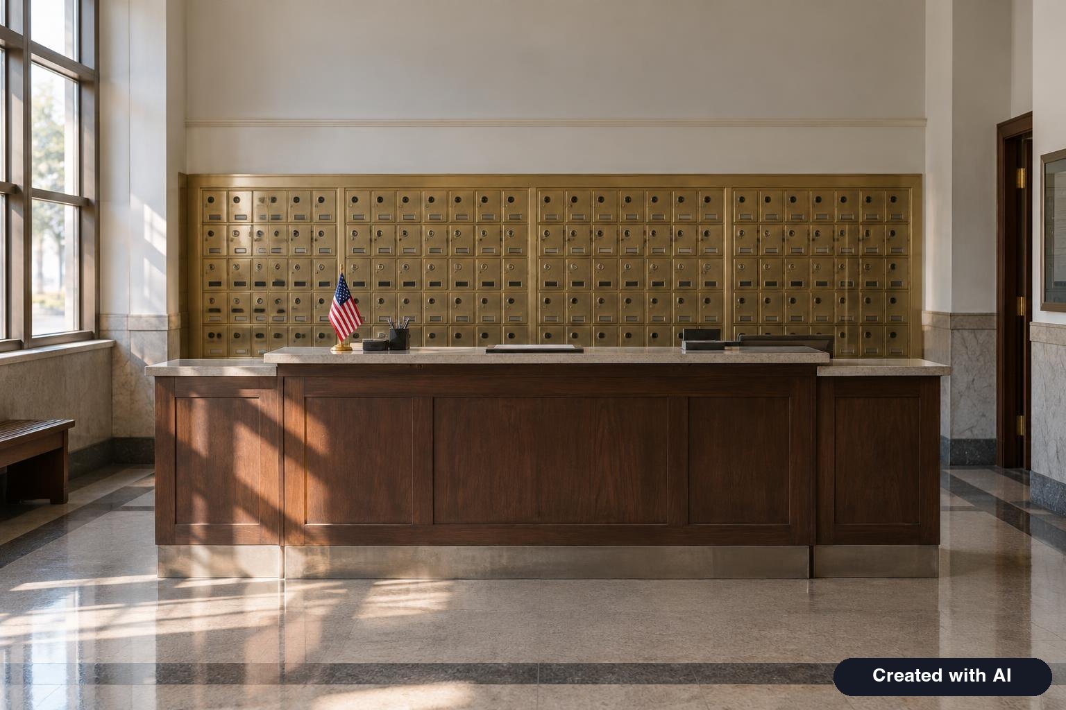 Closed USPS retail counter with the security gate down on Veterans Day.