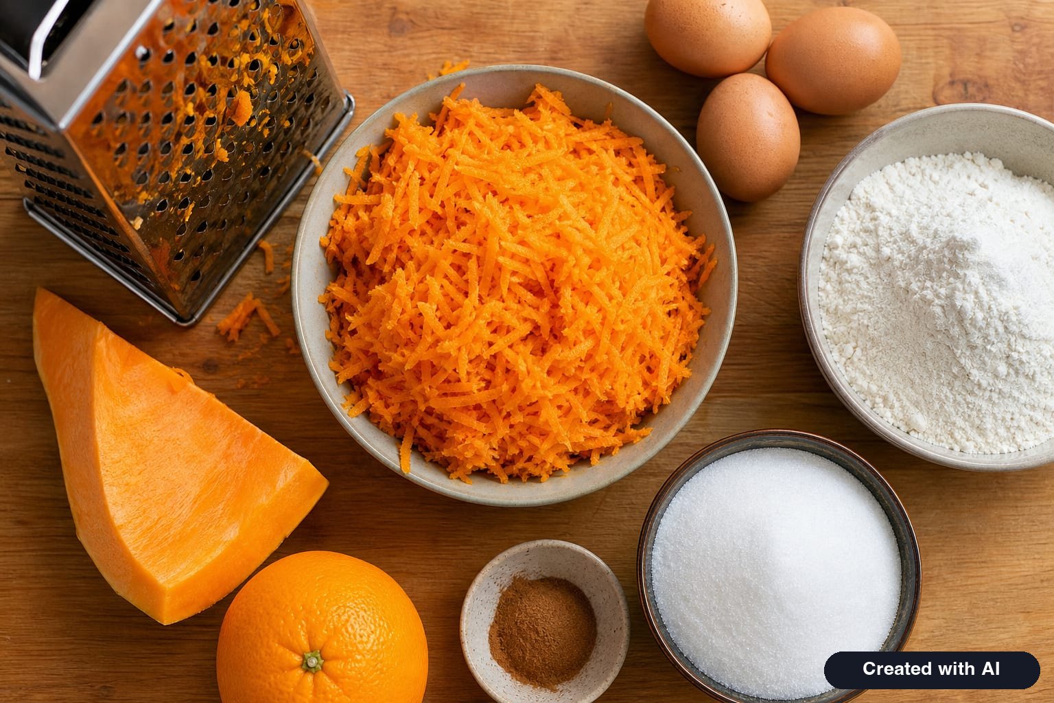 Finely grated orange pumpkin in a bowl next to eggs, flour, and cinnamon for pumpkin cake