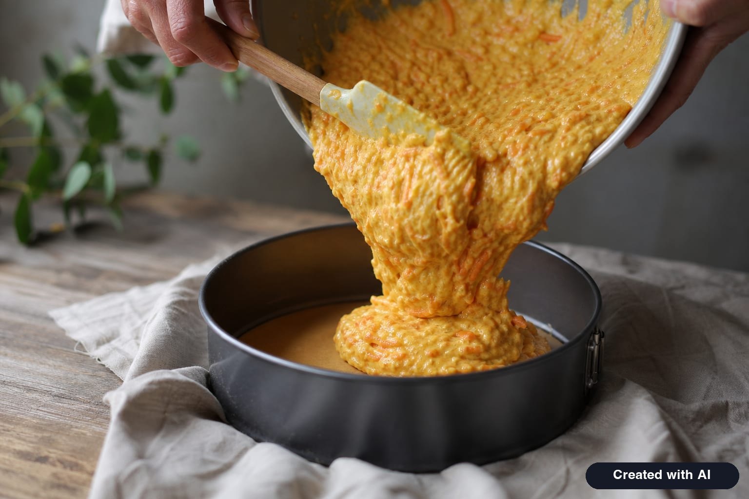 Thick orange pumpkin cake batter with grated pumpkin being poured into a parchment-lined round baking pan