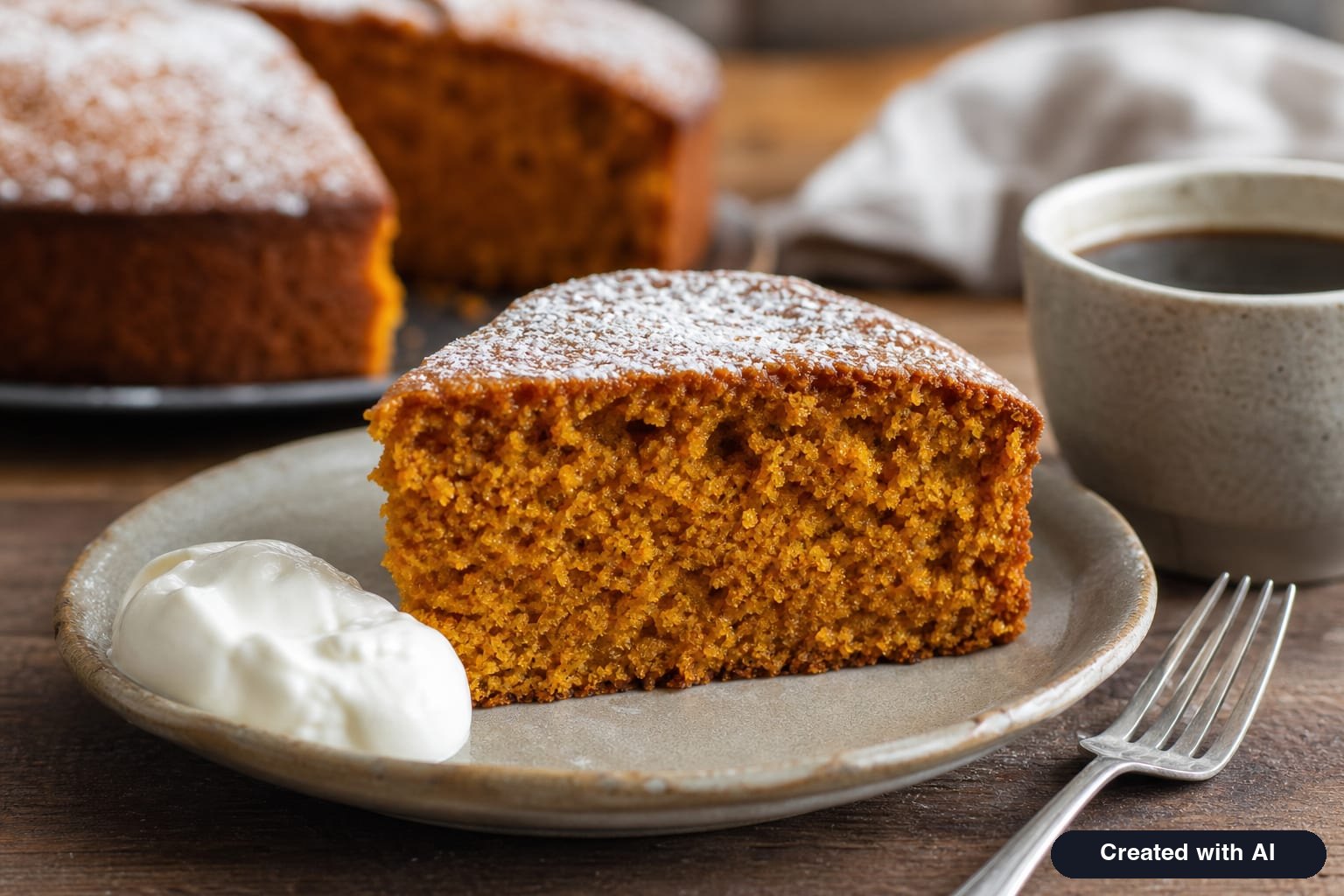 A slice of moist pumpkin cake on a plate: orange fluffy crumb with streaks of grated pumpkin and powdered sugar on top