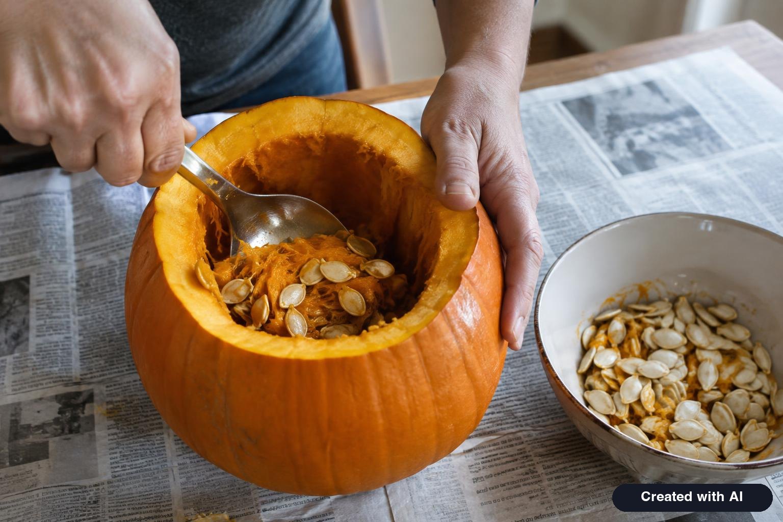 Hands scooping seeds out of a pumpkin with a metal spoon over a newspaper-covered table