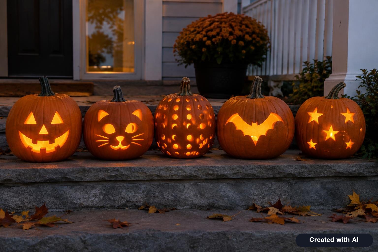 Row of five lit jack-o'-lanterns on porch steps showing different designs: classic face, cat, drilled dots, bat and stars