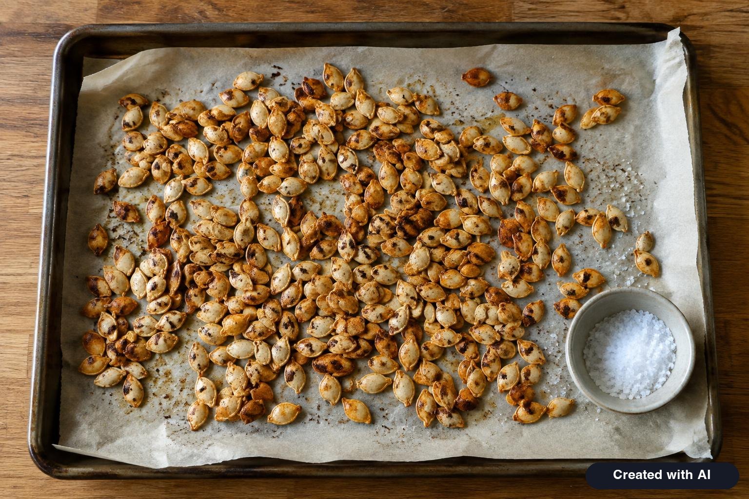 Roasted pumpkin seeds spread on a baking sheet next to a small bowl of salt