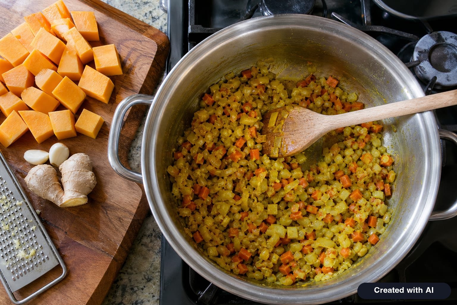 Onions and carrots sautéing in a pot with grated ginger and curry powder for pumpkin coconut soup, next to butternut squash cubes