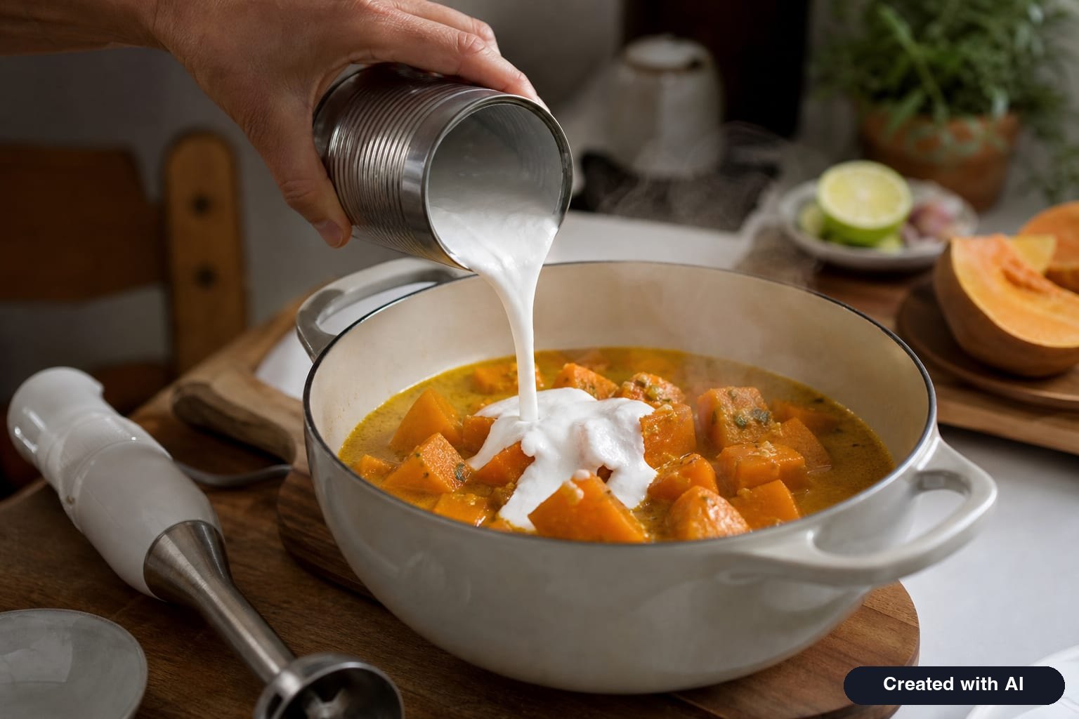 Pouring canned coconut milk into a pot with cooked pumpkin cubes - blended pumpkin coconut soup before blending