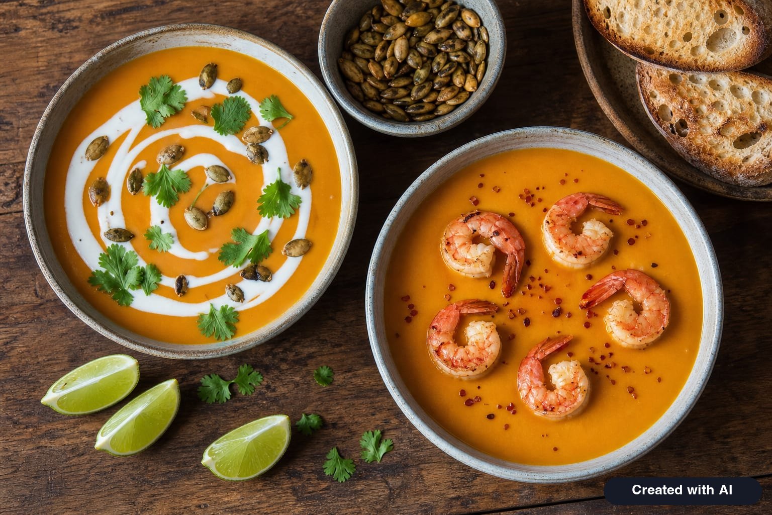 A bowl of blended pumpkin coconut soup garnished with a swirl of coconut milk, toasted pumpkin seeds, and cilantro, with a lime wedge on the side