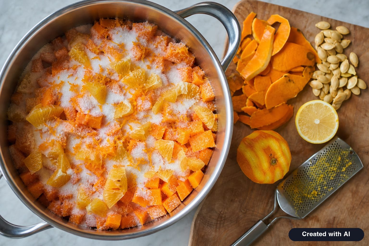 Diced pumpkin for pumpkin jam, covered with sugar, with orange pieces and grated zest in a pot