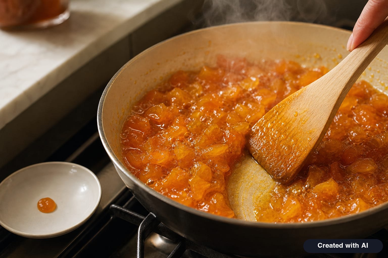 Pumpkin jam with oranges boiling in a wide pot: translucent amber pumpkin cubes in thick syrup