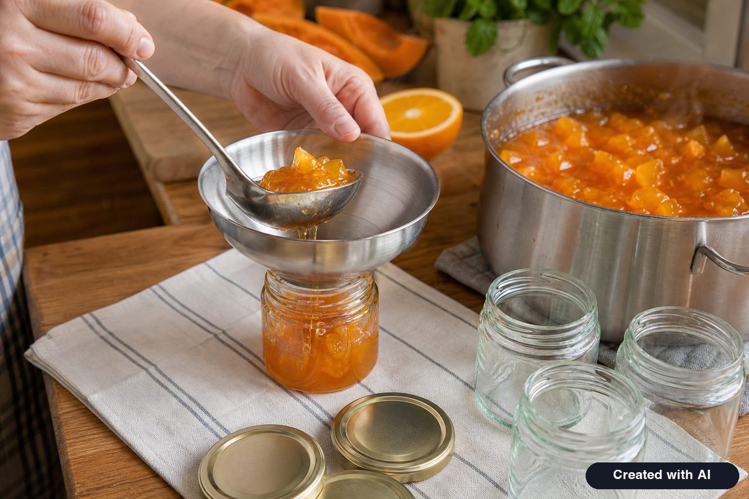 Hot pumpkin jam with oranges being ladled through a funnel into sterilized jars