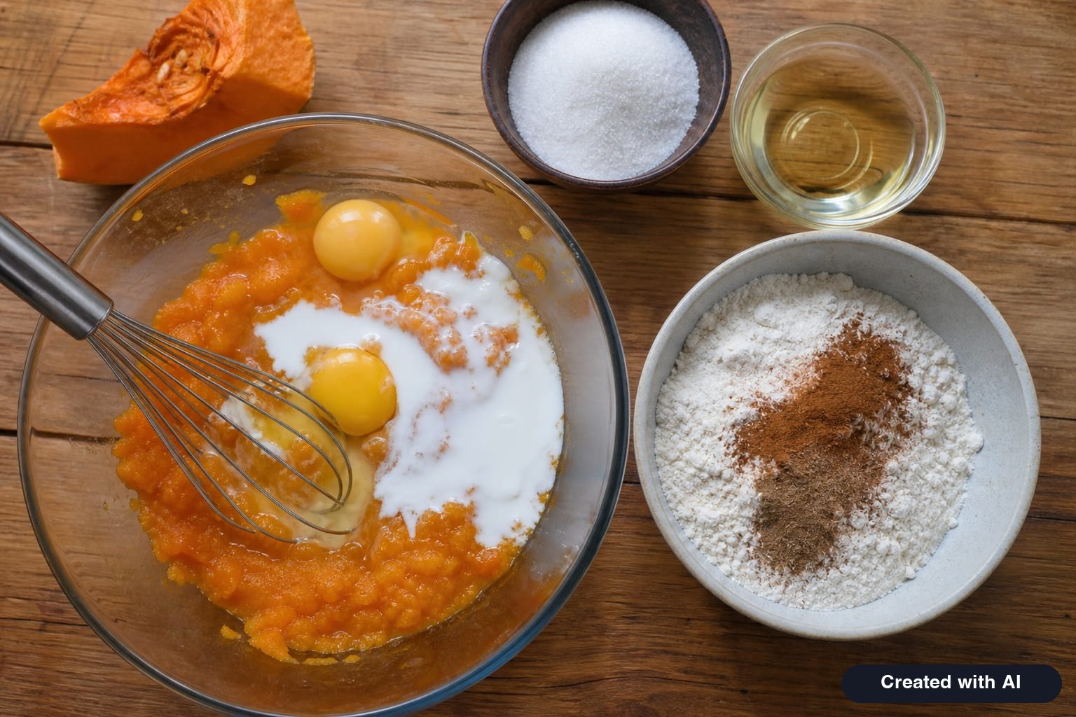 Two bowls for pumpkin muffins: orange pumpkin purée with eggs and kefir, and flour with cinnamon