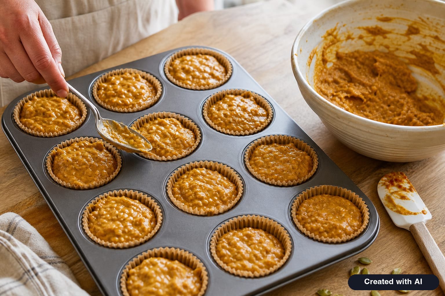 Orange pumpkin muffin batter being spooned into paper liners in a muffin pan
