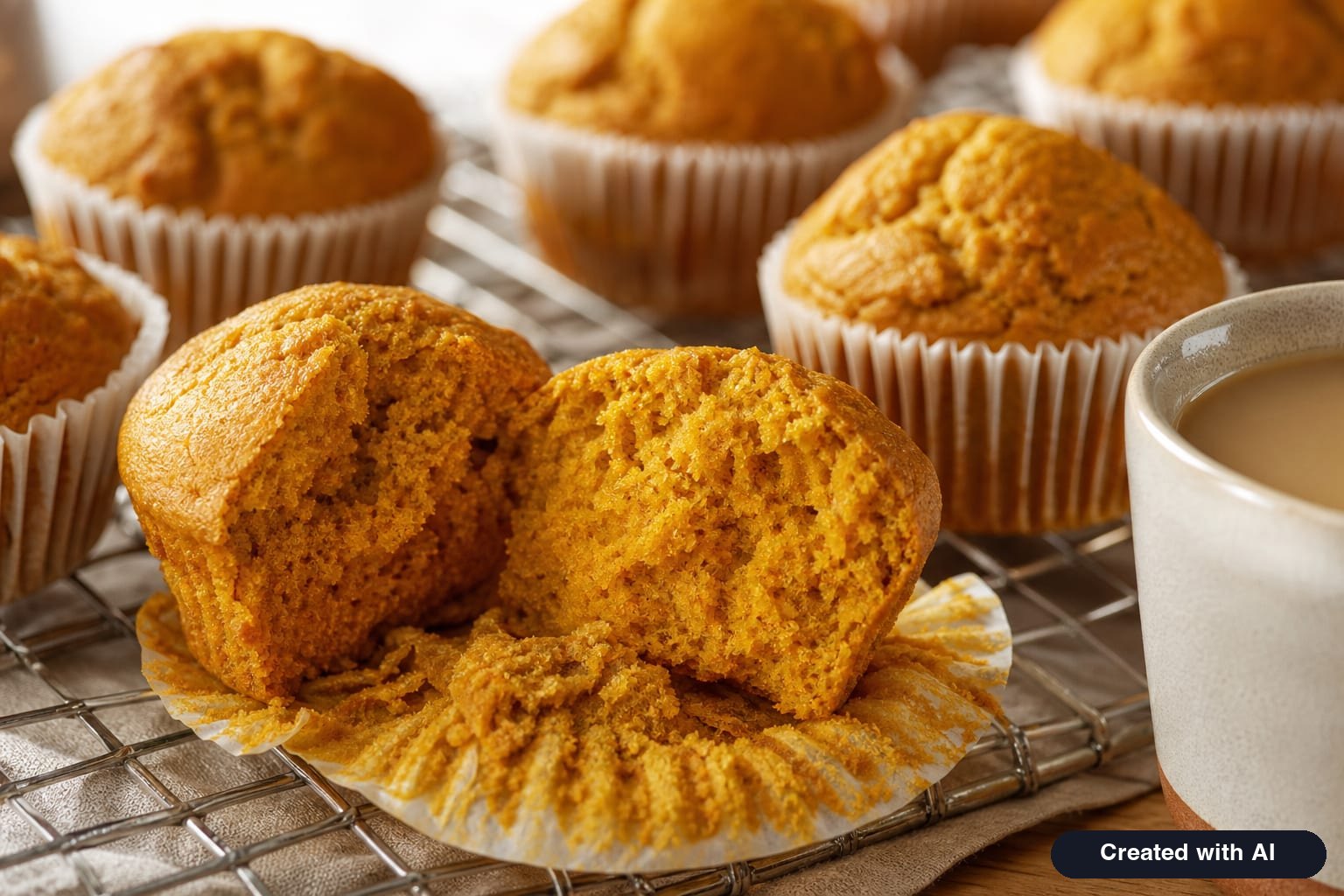A broken-open pumpkin muffin with a fluffy orange crumb on a wire rack next to other muffins