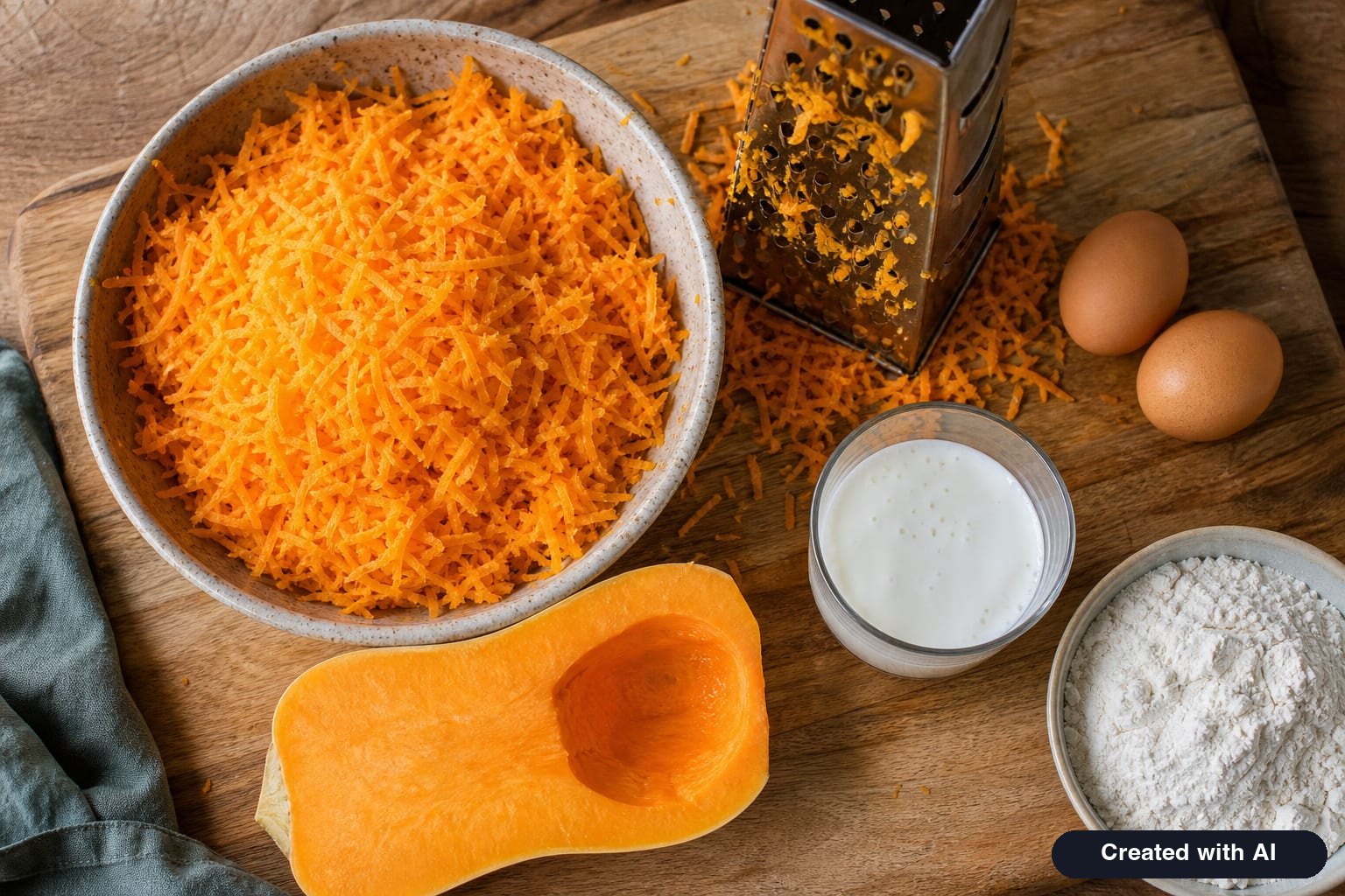 Finely grated butternut squash in a bowl and ingredients for pumpkin pancakes: eggs, kefir, and flour