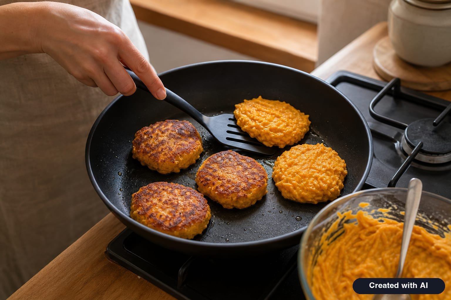 Grated pumpkin pancakes frying in a pan: some already flipped and golden, others still cooking on the first side