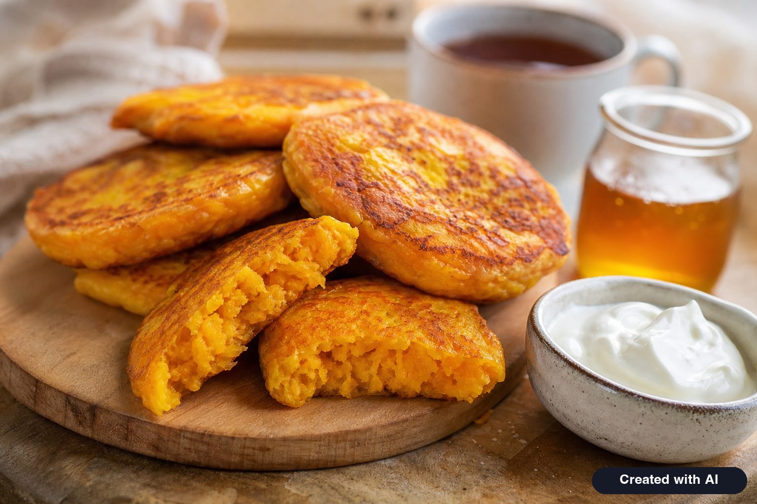Fluffy pumpkin pancakes on a wooden board with sour cream, one pancake broken in half showing an orange fluffy inside
