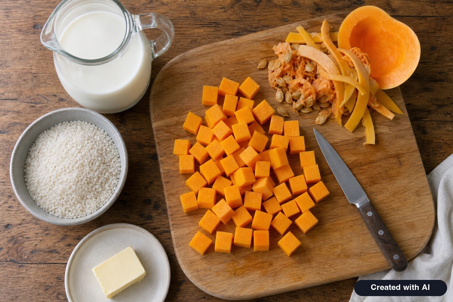 Peeled pumpkin cut into small cubes on a cutting board next to rice and milk for pumpkin porridge