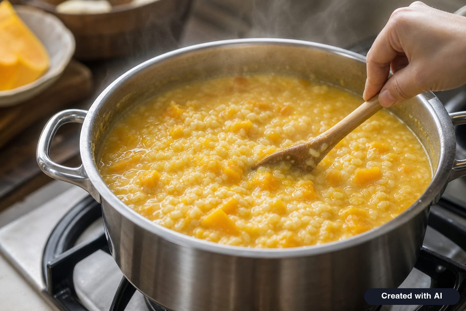 Yellow pumpkin porridge with rice and milk being stirred with a wooden spoon in a pot on the stove