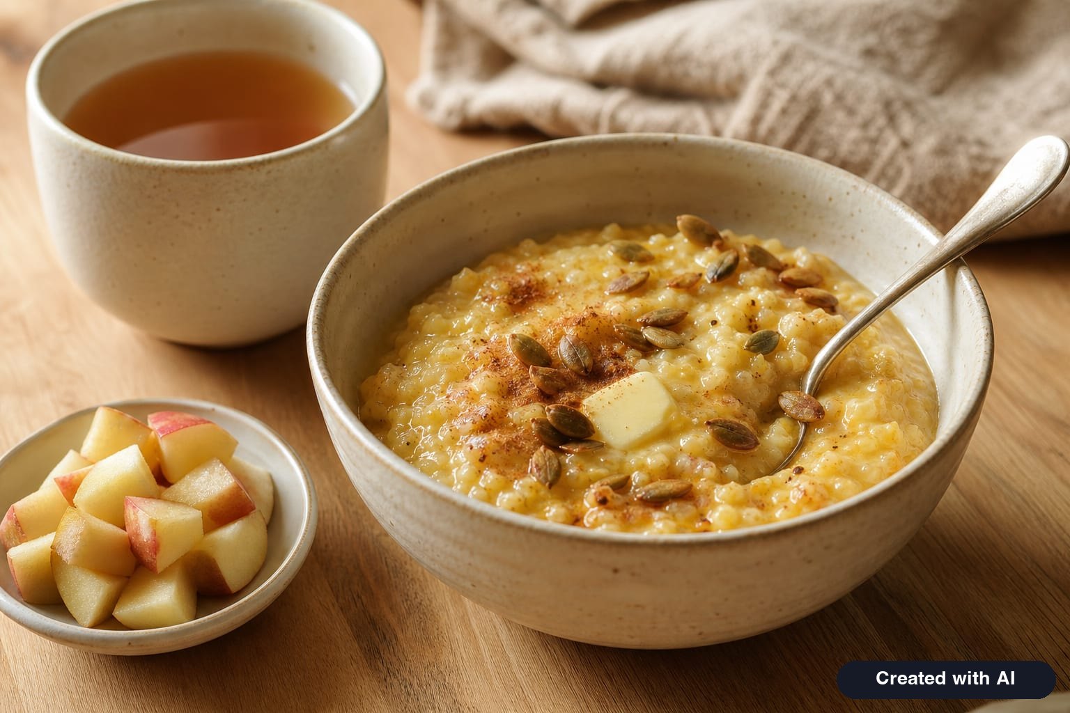 A bowl of pumpkin porridge with rice, a melting pat of butter, cinnamon, and pumpkin seeds