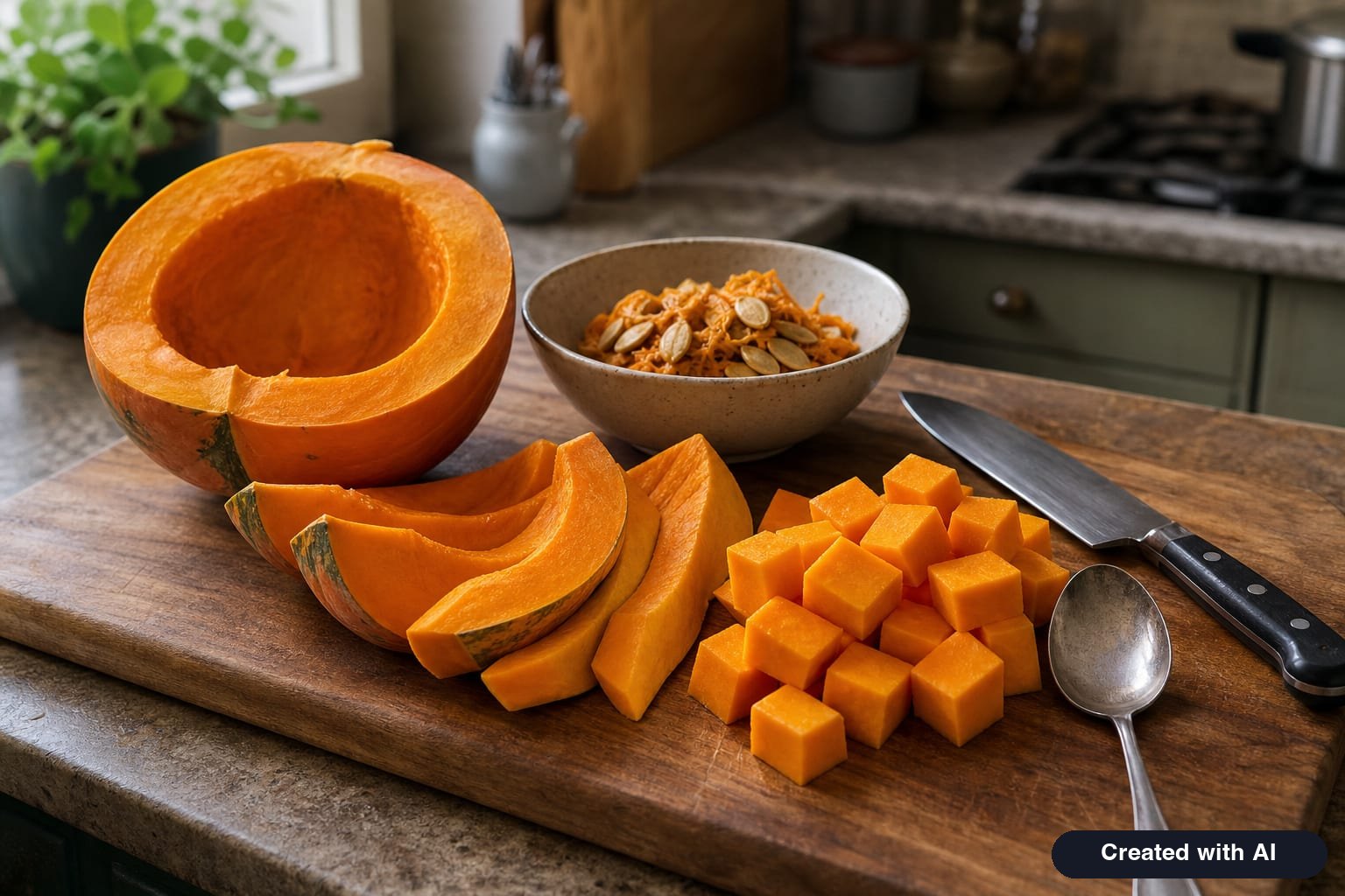Preparing a pumpkin for recipes: a halved orange pumpkin, scooped out seeds, peeled wedges, and cubed flesh on a cutting board