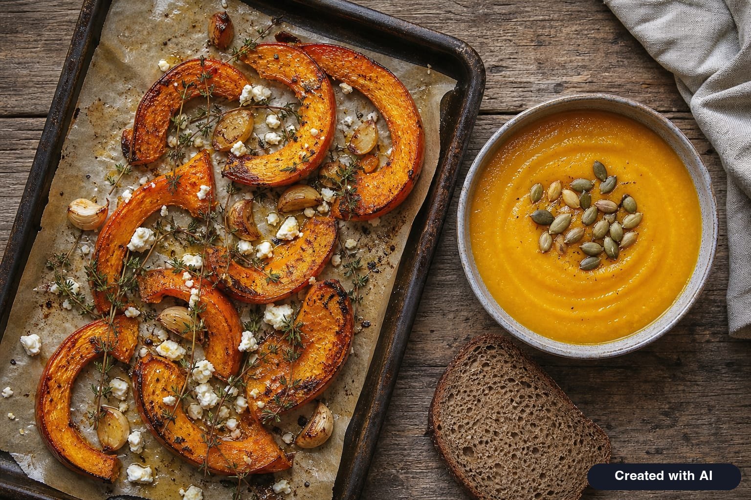 Hearty pumpkin dishes: oven-roasted pumpkin wedges with feta and thyme on a baking sheet, next to a bowl of puréed pumpkin soup