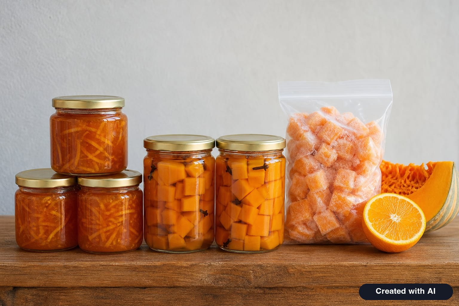 Winter pumpkin preserves: jars of pumpkin jam with oranges, pickled pumpkin cubes, and a bag of frozen pumpkin cubes