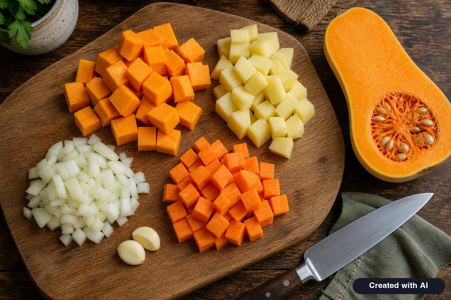 Vegetables prepared for pumpkin soup: cubed pumpkin, potatoes, carrots, onion, and garlic on a wooden board