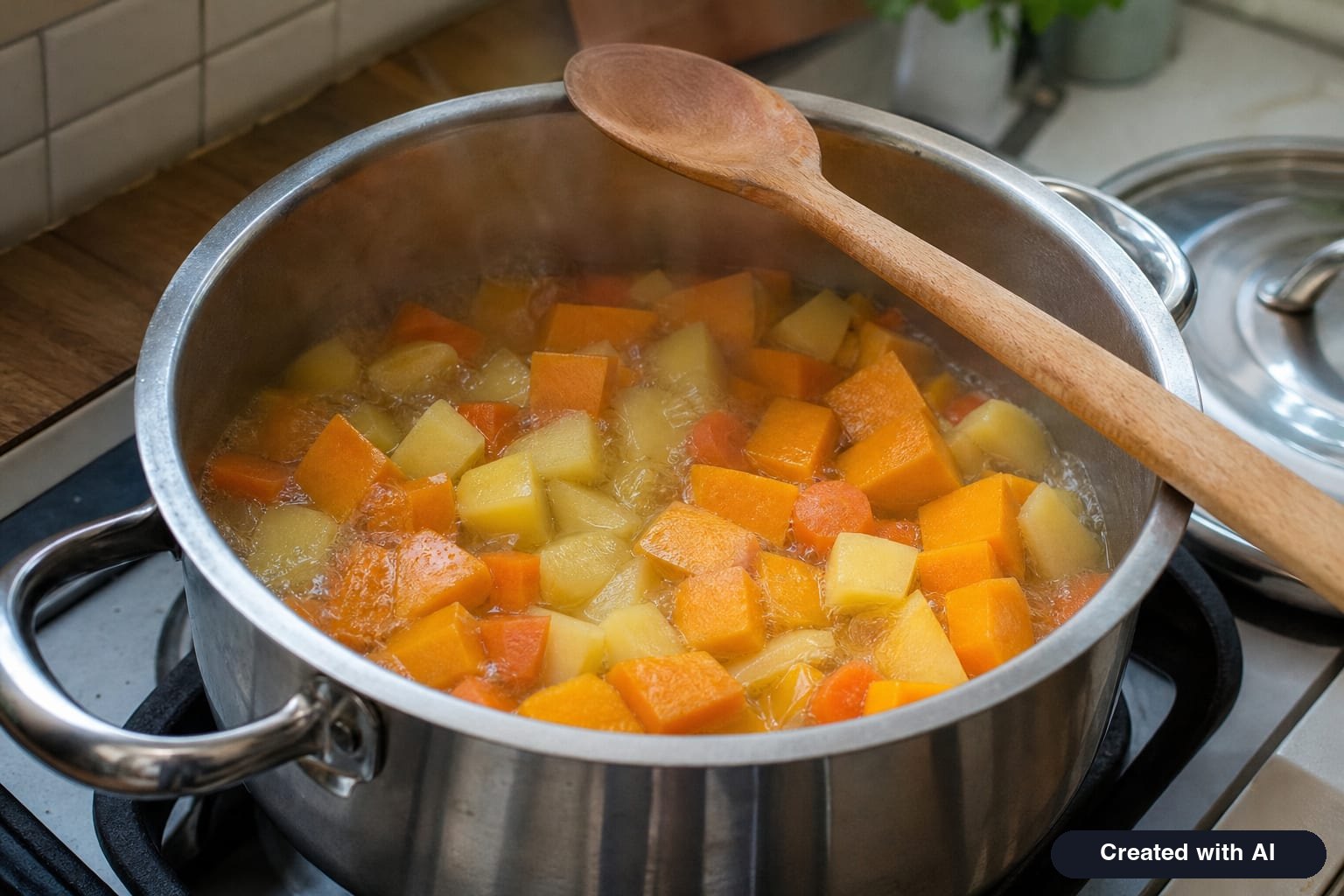 Pumpkin soup boiling in a pot: softened pieces of pumpkin, potatoes, and carrots in broth before blending