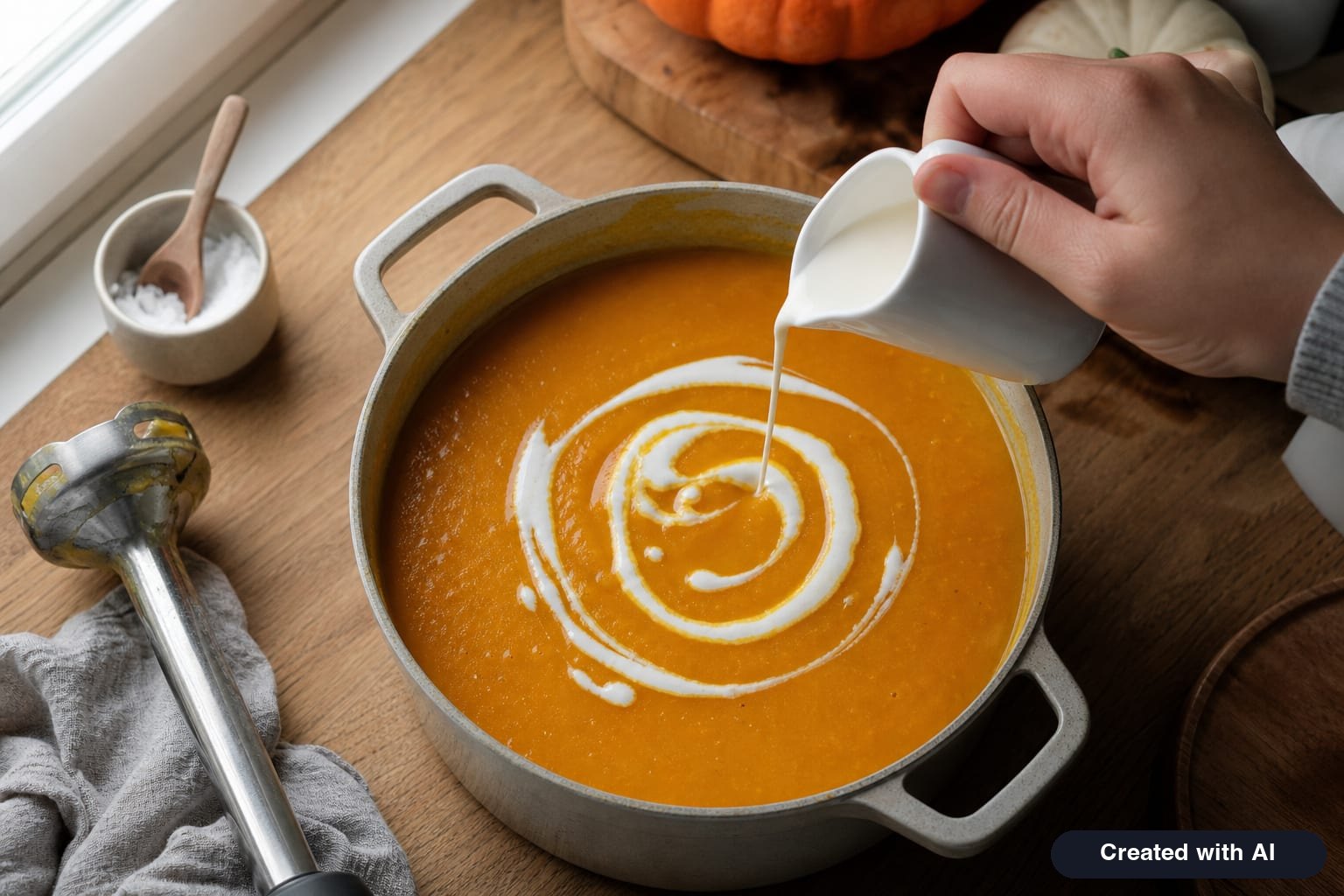 Heavy cream being poured into a pot of blended orange pumpkin soup, with an immersion blender nearby