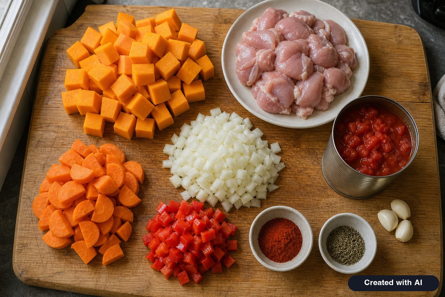 Ingredients prepared for pumpkin stew: pumpkin cubes, chicken thigh pieces, carrots, bell pepper, and onion on a cutting board