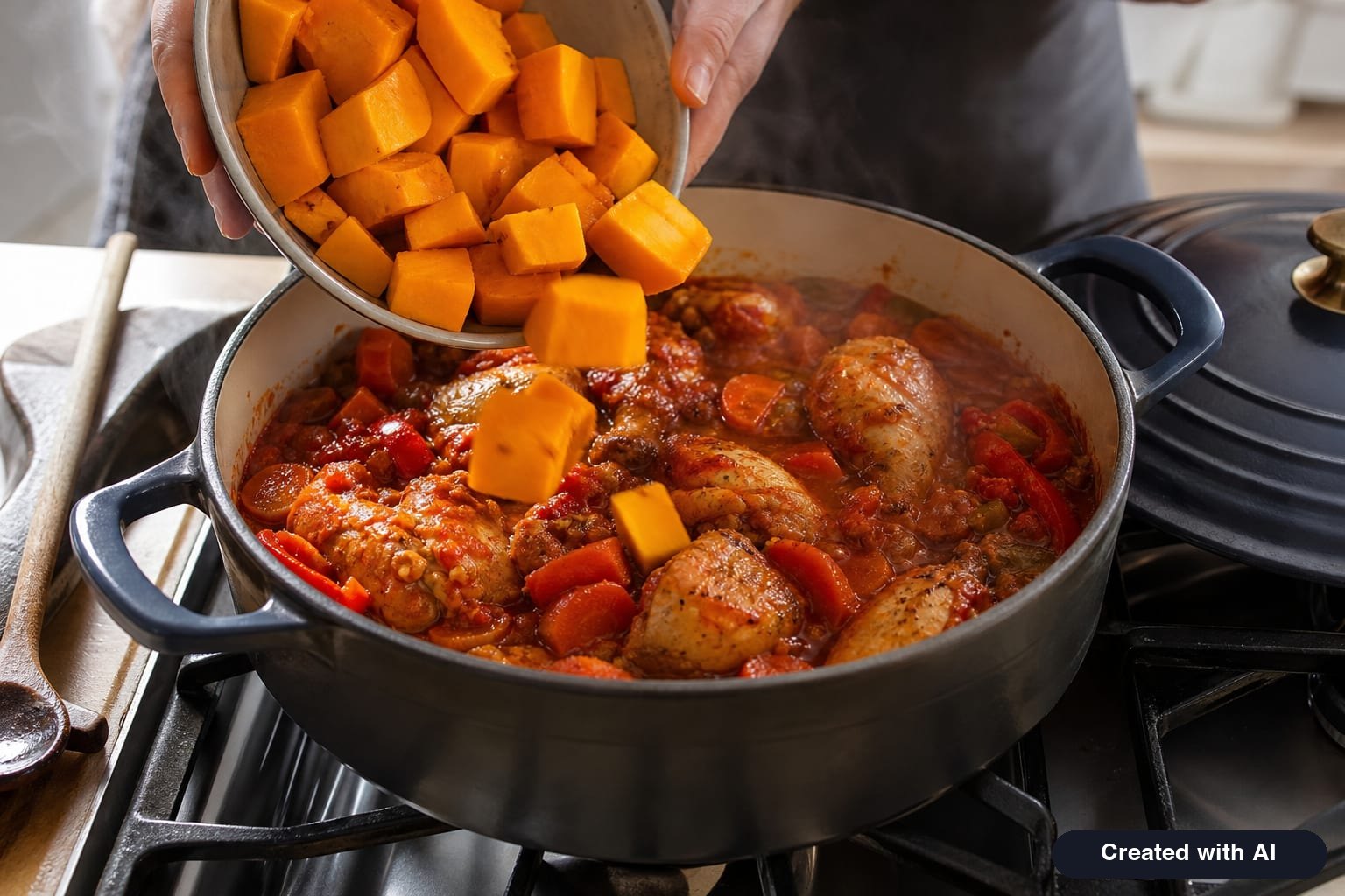 Pumpkin cubes being added to a pot with stewing chicken and tomato sauce for pumpkin stew
