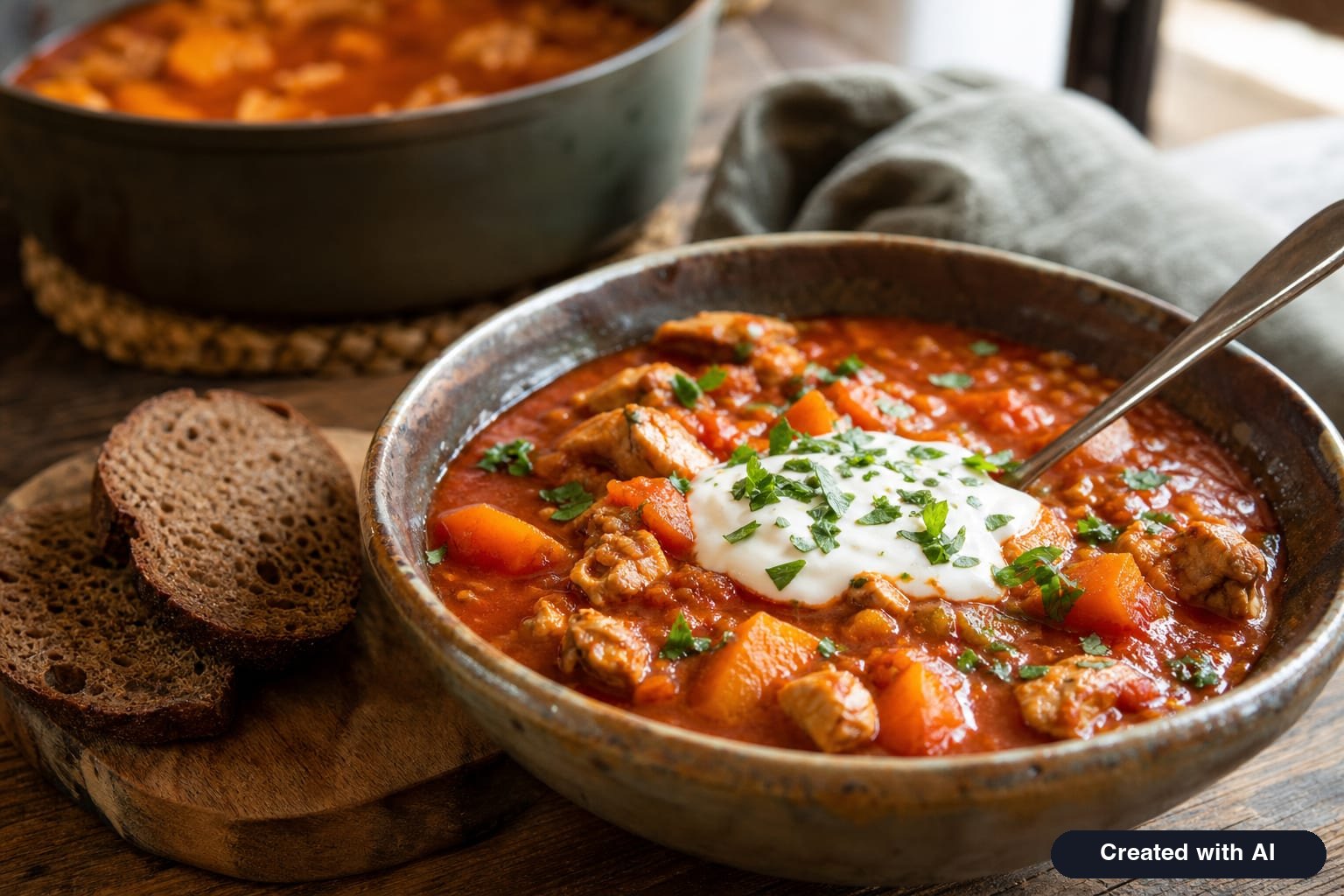 Pumpkin stew with chicken in a bowl, served with a spoonful of sour cream, parsley, and rye bread