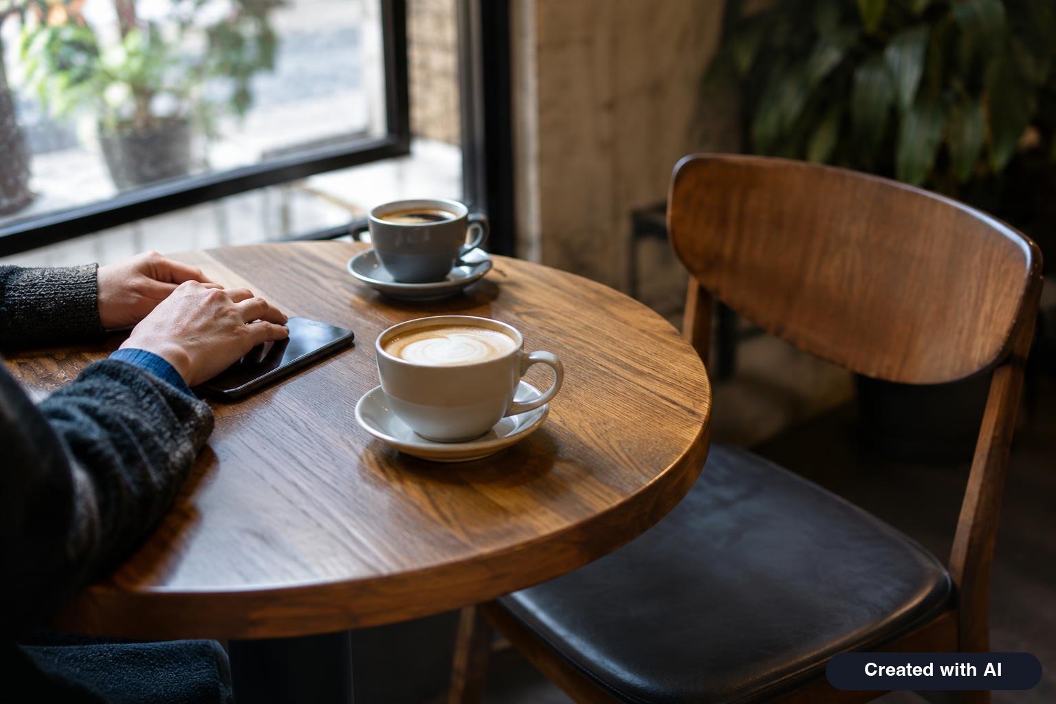 Two coffee cups on a cafe table with an empty chair across from a person whose hands rest on a phone