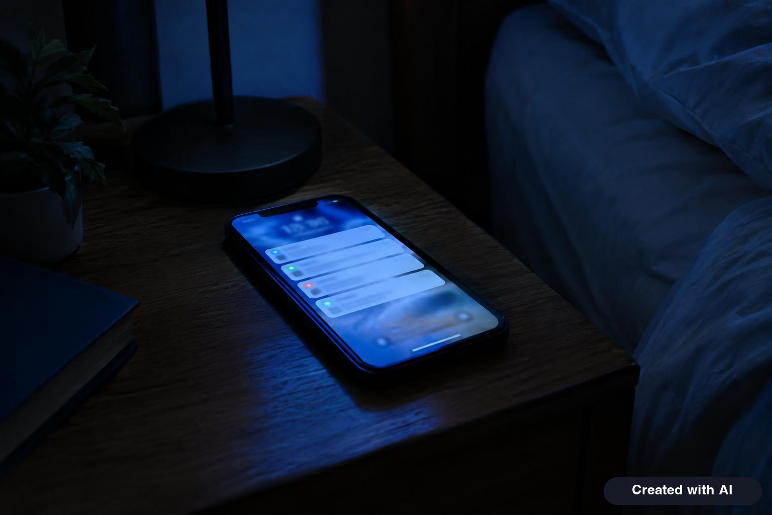 A phone lying face up on a bedside table at night with a stream of unread message notifications glowing on the screen