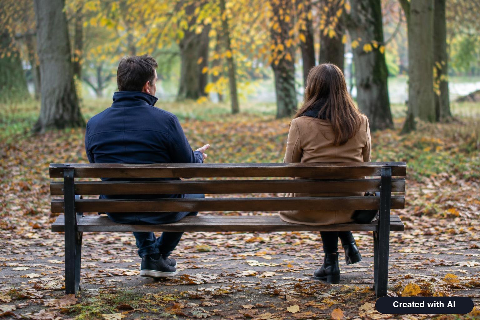 Two people seen from behind sitting apart on a park bench in autumn, one turned slightly toward the other as they talk