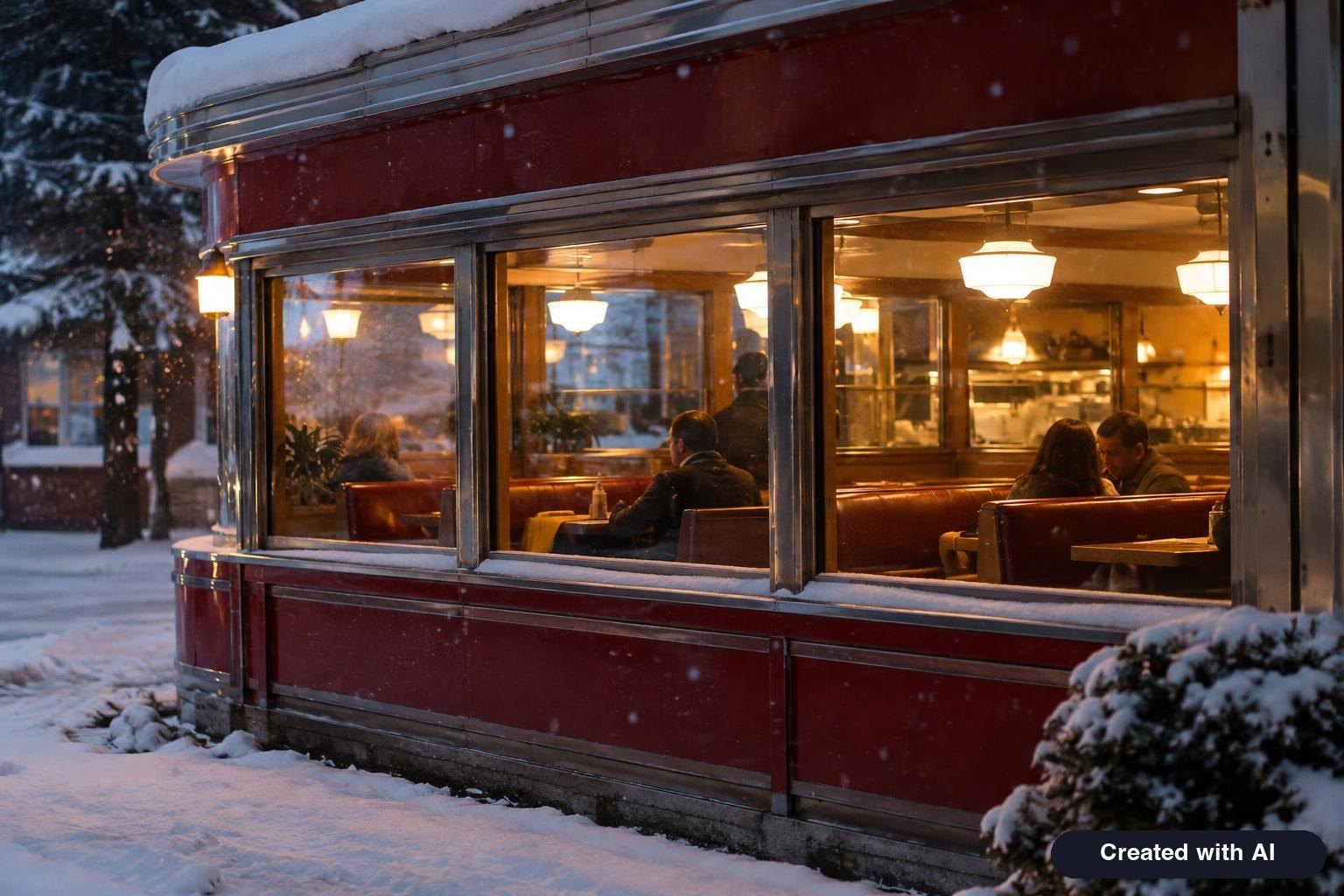 A warmly lit diner window on a snowy evening with a few guests seated in booths inside
