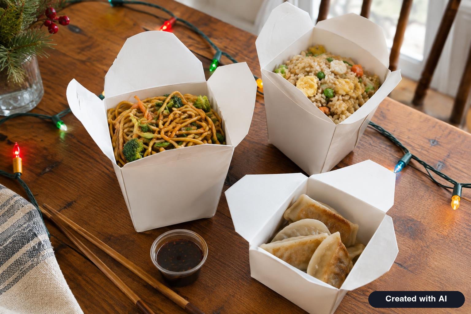 Takeout containers of noodles, rice and dumplings on a dining table with chopsticks and a string of holiday lights