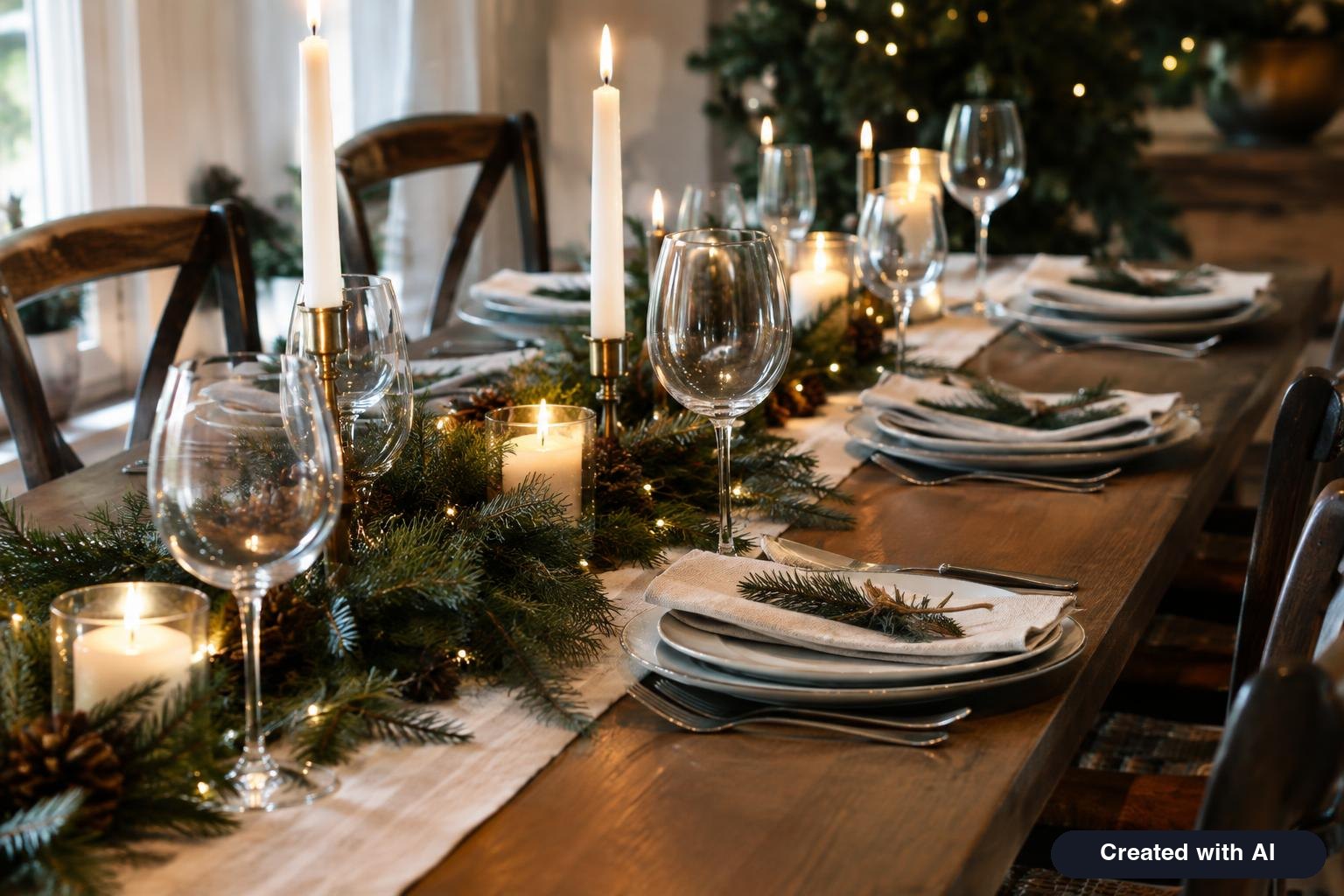 A set restaurant table for a holiday dinner with candles, evergreen sprigs and wine glasses, no people