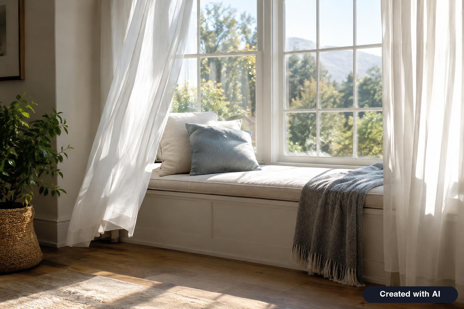 Quiet sunlit room with a window seat and sheer curtains moving slightly in the breeze
