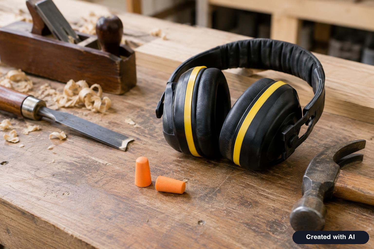 Pair of foam earplugs and over-ear hearing protection on a workbench next to woodworking tools