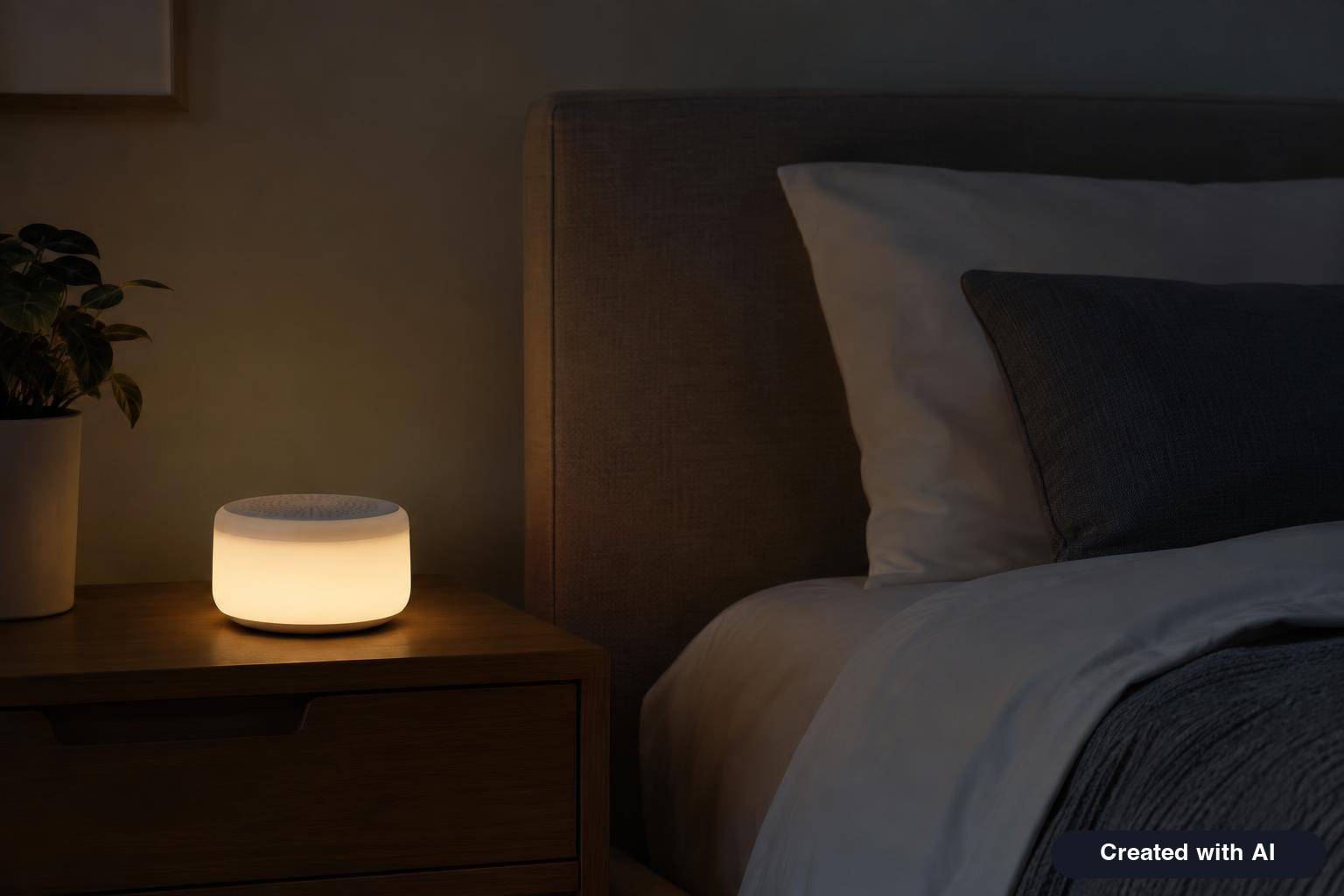 Small white-noise machine glowing softly on a nightstand beside a neatly made bed