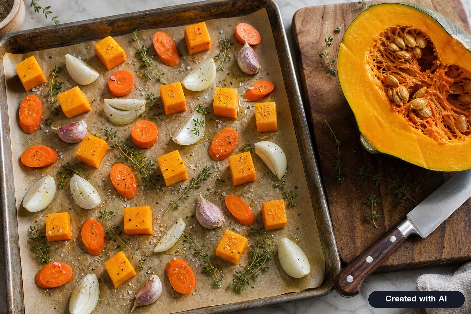 Pumpkin cubes, carrot slices, onion wedges, and unpeeled garlic arranged in a single layer on a sheet pan for roasted pumpkin soup