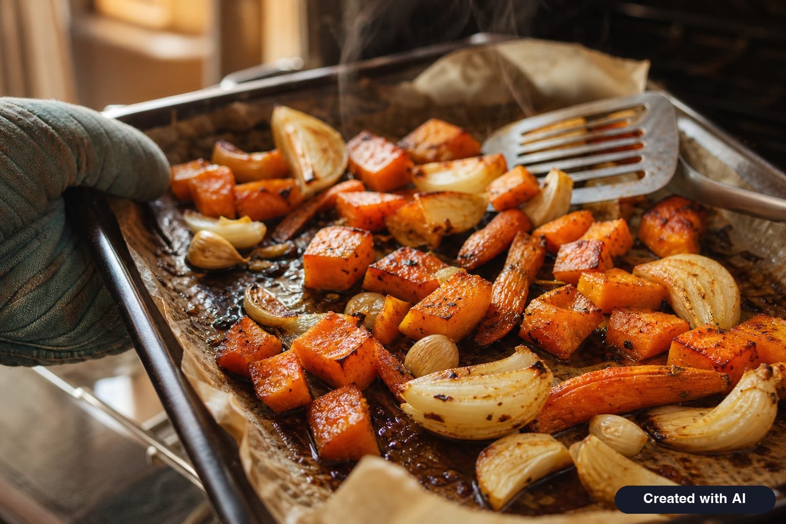 A sheet pan pulled from the oven with browned pumpkin pieces, carrots, onions, and roasted garlic – the base for blended pumpkin soup