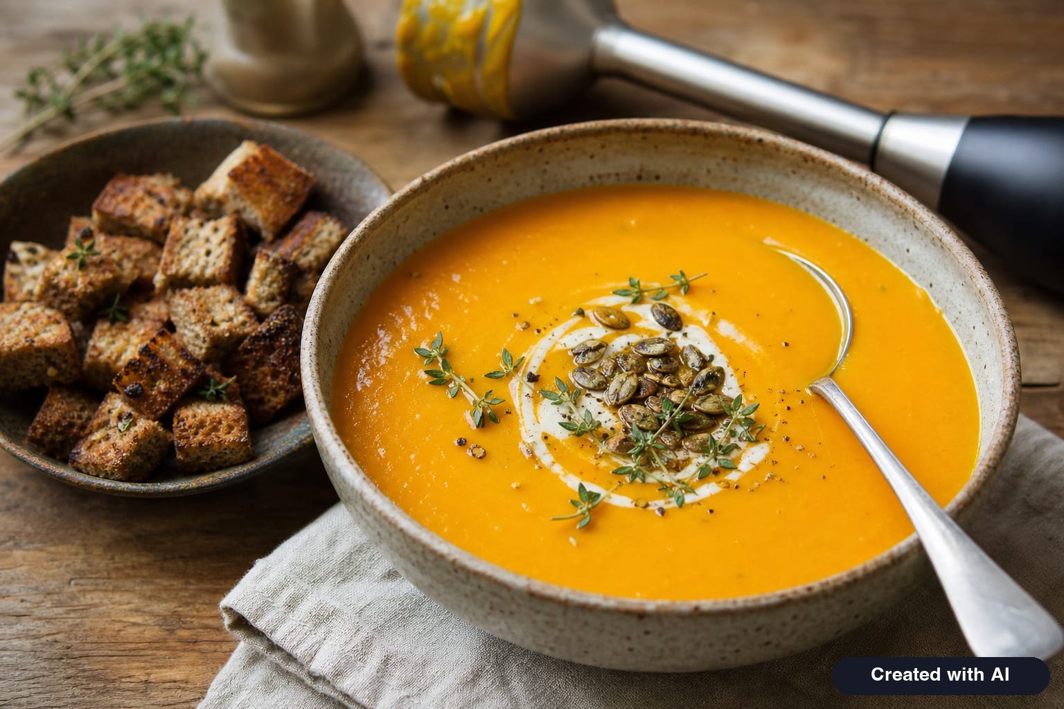A bowl of thick blended roasted pumpkin soup with a swirl of heavy cream, toasted pumpkin seeds, and thyme